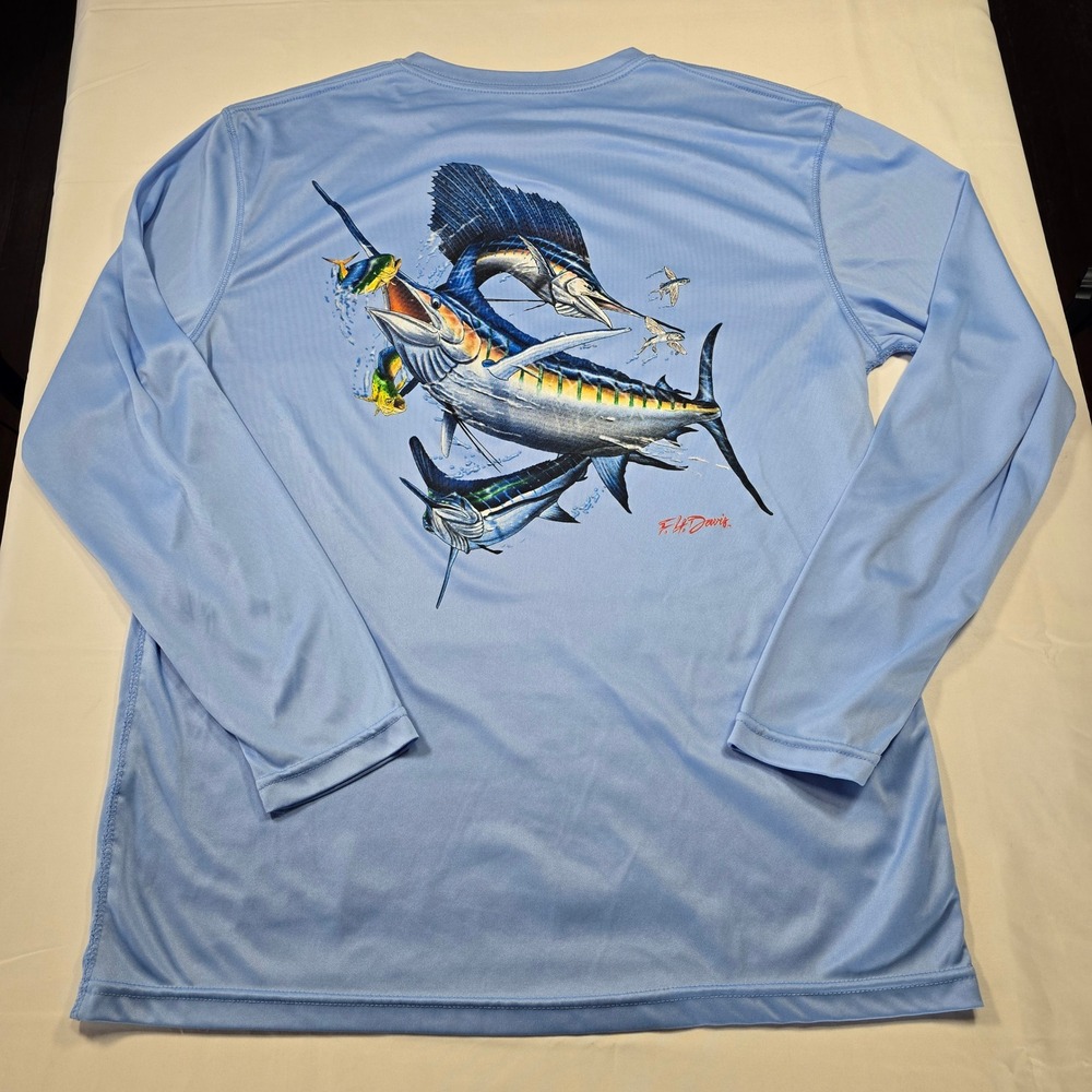 F.H. Davis Mens Performance Blue Long Sleeve Fishing Shirt Marlin Graphic Large